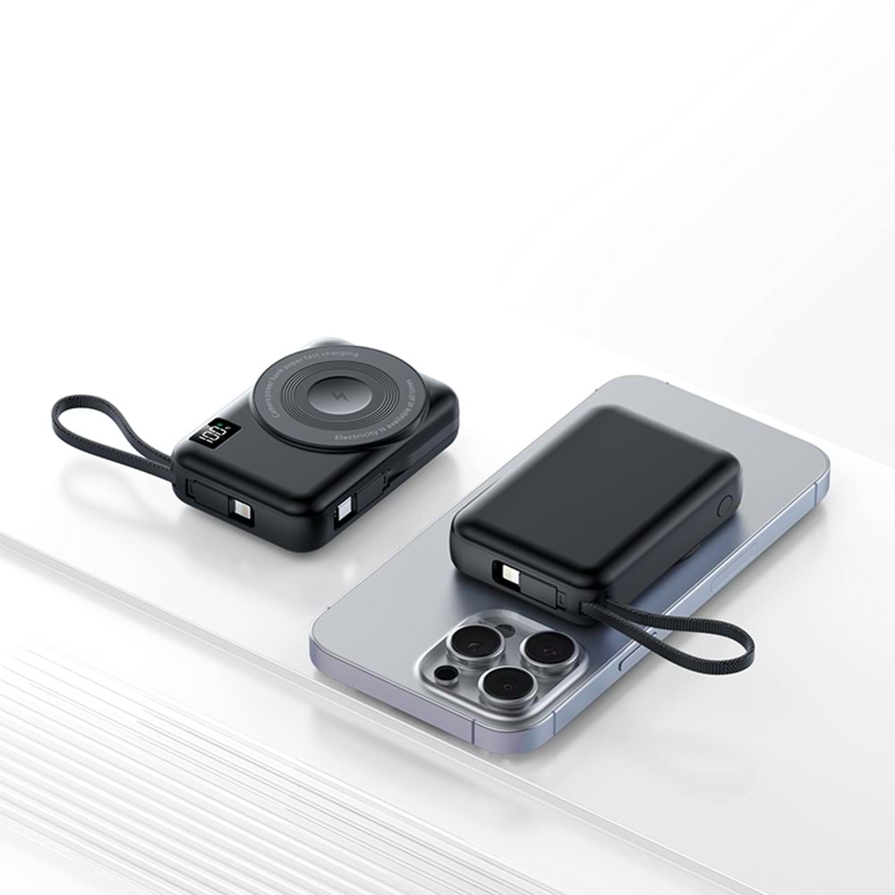 MT4580 10.000 MAH 4İN1 DAHİLİ KABLOLU MANYETİK MAGSAFE PD ŞARJ POWERBANK 60/ SİYAH