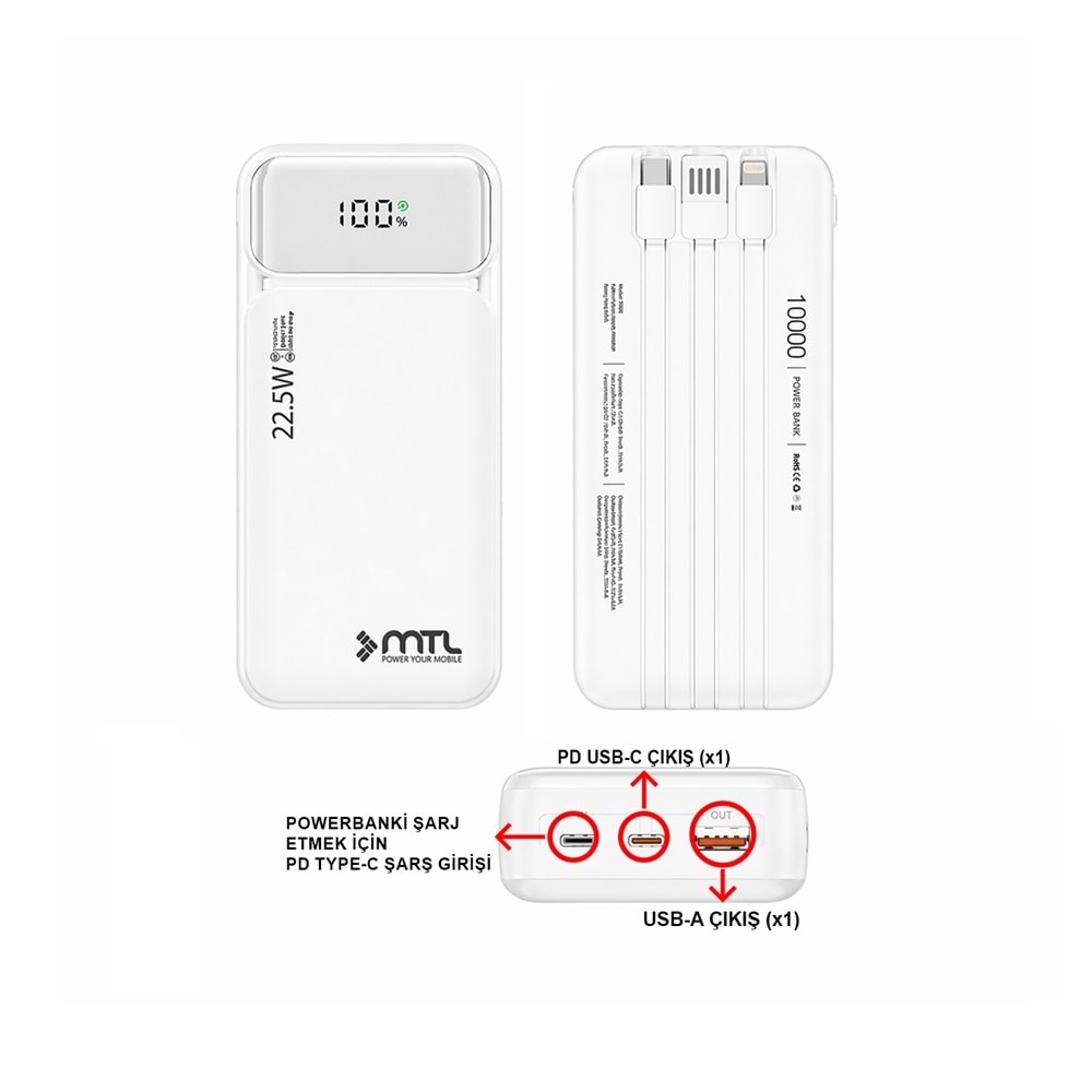 MT4311 10.000 MAH DAHİLİ KABLOLU 22,5 WATT TURBO ŞARJ POWERBANK - BEYAZ