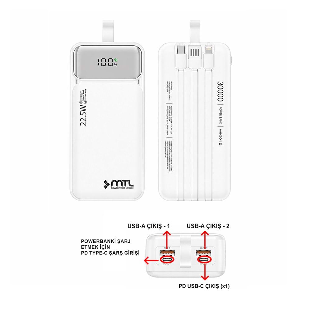 MT4331 30.000 MAH DAHİLİ KABLOLU 22,5 WATT TURBO ŞARJ POWERBANK - BEYAZ