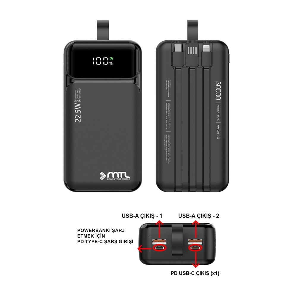 MT4331 30.000 MAH DAHİLİ KABLOLU 22,5 WATT TURBO ŞARJ POWERBANK - SİYAH
