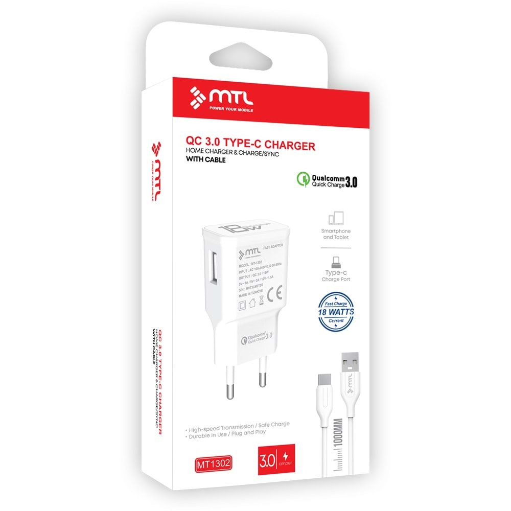 MT1302 18W QC 3.0 HIZLI USB ÇIKIŞLI TYPE-C USB EV ŞARJ CİHAZI /10/200