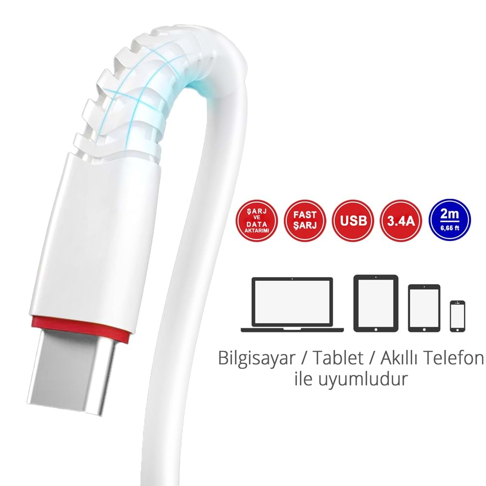 MT2021 3.4A 2METRE LİGHTNİNG USB ŞARJ DATA KABLO /20/300