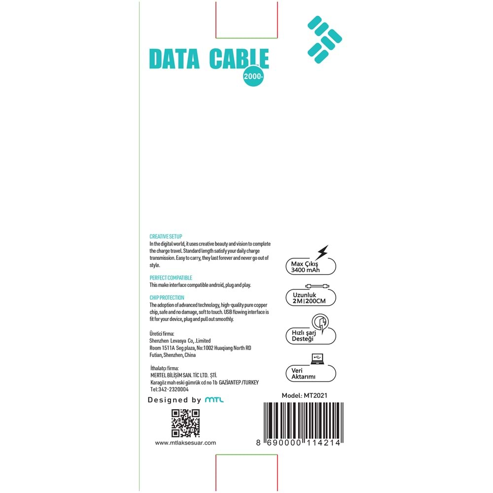 MT2021 3.4A 2METRE LİGHTNİNG USB ŞARJ DATA KABLO /20/300