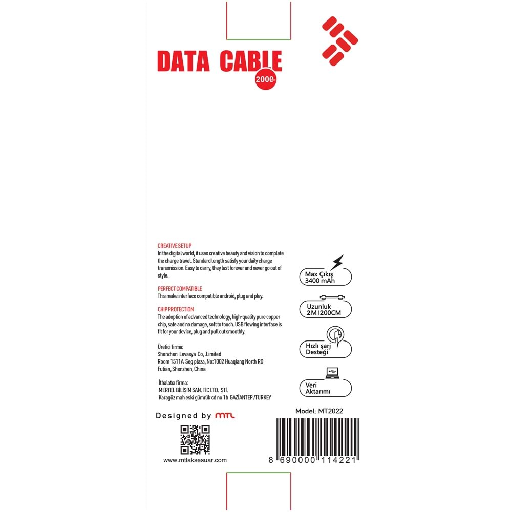 MT2022 3.4A 2METRE TYPE-C USB ŞARJ DATA KABLO /20/300