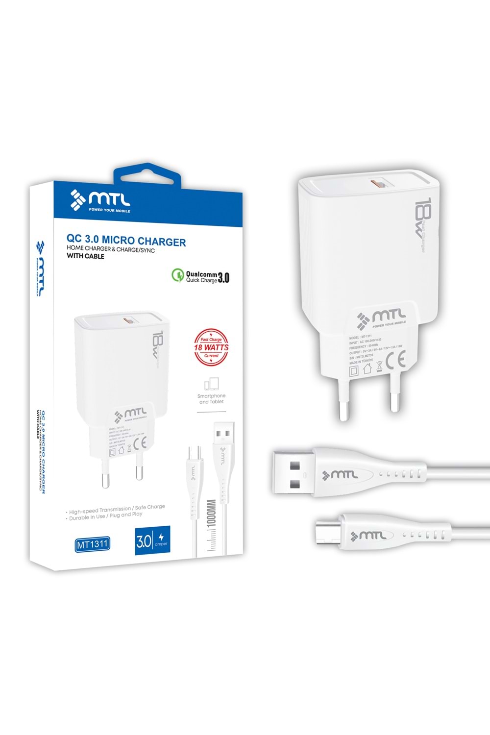 MT1311 18W QC 3.0 HIZLI USB ÇIKIŞLI MİCRO USB EV ŞARJ CİHAZI /10/200