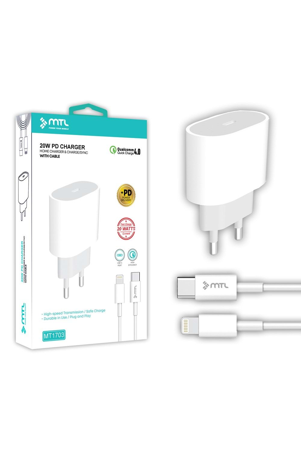 MT1703 20W QC 4.0 TYPE-C ÇIKIŞLI HIZLI PD TYPE-C TO LİGHTNİNG EV ŞARJ CİHAZI /10/200