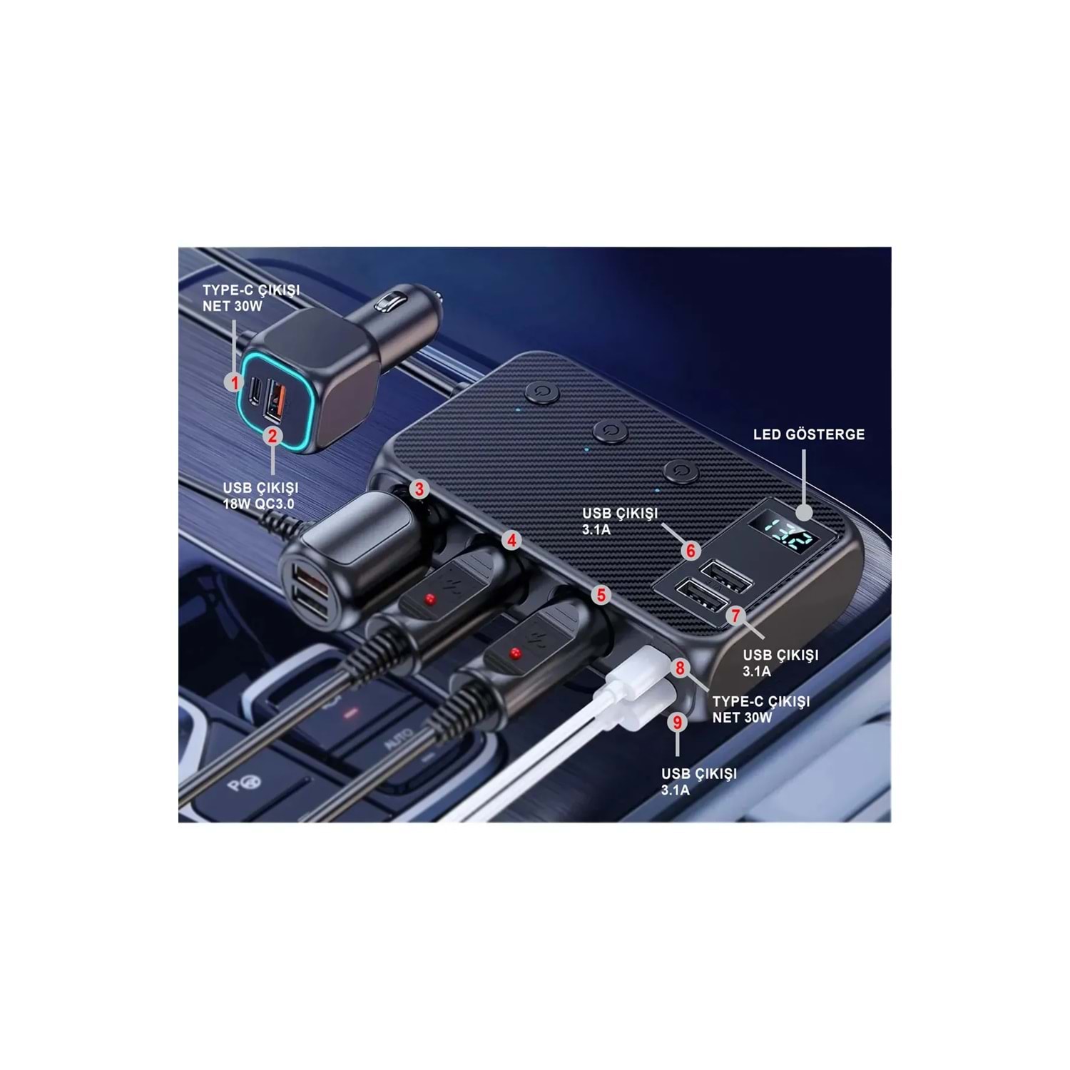 MT9875 – 171W Multi-Port Araç Şarj Adaptörü