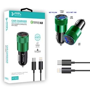 MT1834 38W QC 4.0 HIZLI PD TYPE-C PORT + USB PORT (ÇİFT ÇIKIŞ) TYPE-C LİGHTNİNG ARAÇ ŞARJ CİHAZI 10/100