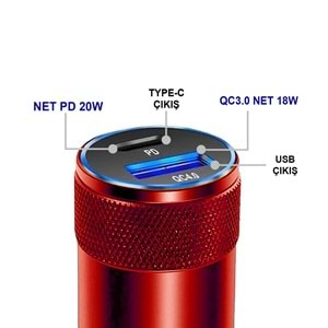 MT1835 38W QC 4.0 HIZLI PD TYPE-C PORT + USB PORT (ÇİFT ÇIKIŞ) TYPE-C TYPE-C ARAÇ ŞARJ CİHAZI /10/100