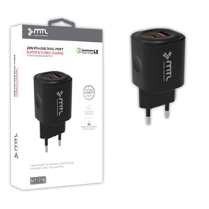MT1716 25W QC4.0 SÜPER TURBO PD TYPE-C PORT + USB PORT ÇİFT GİRİŞ EV ŞARJ ADAPTÖR /10/150