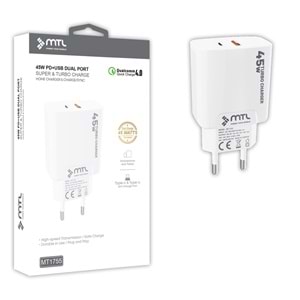 MT1755 45W QC 4.0 SÜPER TURBO PD TYPE-C PORT+USB PORT (ÇİFT ÇIKIŞ) EV ŞARJ ADAPTÖR /10/200
