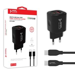 MT1725 25W QC4.0 SÜPER TURBO TYPE-C PORT+USB PORT ÇİFT GİRİŞ TYPE-C TYPE-C EV ŞARJ CİHAZI /10/150