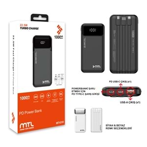 MT4310 10.000 MAH DAHİLİ KABLOLU 22,5 WATT TURBO ŞARJ POWERBANK /40