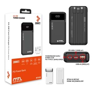 MT4320 20.000 MAH DAHİLİ KABLOLU 22,5 WATT TURBO ŞARJ POWERBANK /40