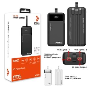 MT4330 30.000 MAH DAHİLİ KABLOLU 22,5 WATT TURBO ŞARJ POWERBANK /32