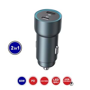 MT1836 60W QC 4.0 HIZLI PD TYPE-C PORT + LİGHTNİNG PORT (ÇİFT ÇIKIŞ) ARAÇ ŞARJ CİHAZI 10/100