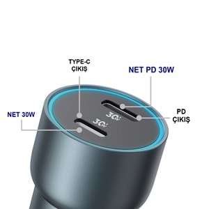 MT1836 60W QC 4.0 HIZLI PD TYPE-C PORT + LİGHTNİNG PORT (ÇİFT ÇIKIŞ) ARAÇ ŞARJ CİHAZI 10/100