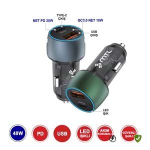 MT1832 48W QC 4.0 HIZLI PD TYPE C PORT + USB PORT (ÇİFT ÇIKIŞ) ARAÇ ŞARJ ADAPTÖR /100