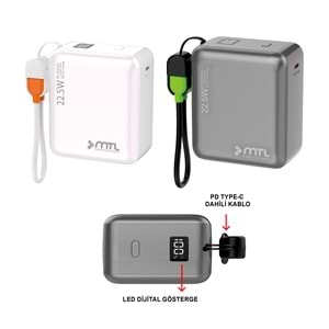 MT4515 15.000 MAH DAHİLİ KABLOLU 22.5 WATT TURBO ŞARJ POWERBANK /10/60