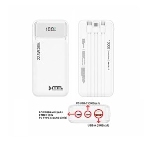 MT4311 10.000 MAH DAHİLİ KABLOLU 22,5 WATT TURBO ŞARJ POWERBANK - BEYAZ
