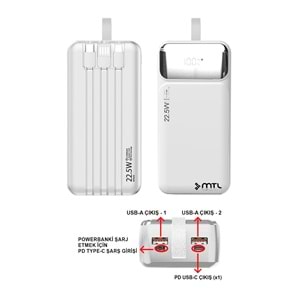MT4351 50.000 MAH DAHİLİ KABLOLU 22,5 WATT TURBO ŞARJ POWERBANK - BEYAZ