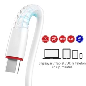 MT2021 3.4A 2METRE LİGHTNİNG USB ŞARJ DATA KABLO /20/300