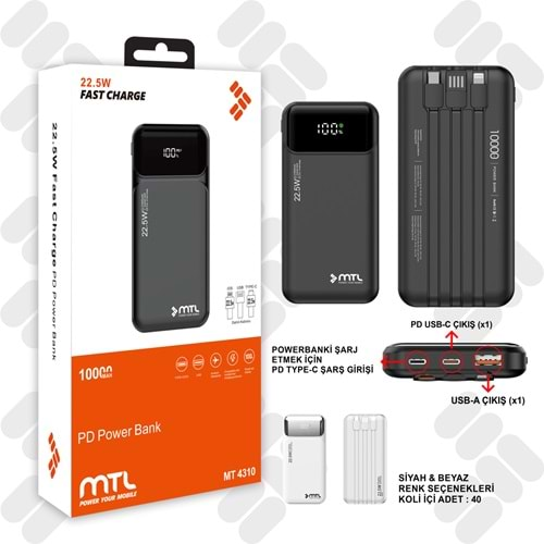 MT4310 10.000 MAH DAHILI KABLOLU 22,5 WATT TURBO SARJ POWERBANK /10/40