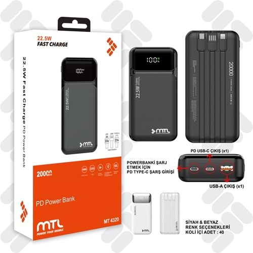 MT4320 20.000 MAH DAHILI KABLOLU 22,5 WATT TURBO SARJ POWERBANK /10/40