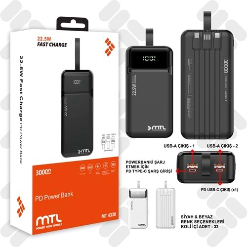 MT4330 30.000 MAH DAHILI KABLOLU 22,5 WATT TURBO SARJ POWERBANK /8/32