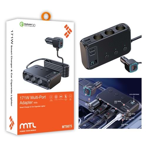 MT9875 171W QC 4.0 9İN1 TYPE-C PORT+USB PORT ARAÇ ŞARJ ADAPTÖR /60