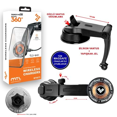 MT6075 15 WATT MAGSAFE & WİRELESS ŞARJLI ARAÇ TUTUCU /100