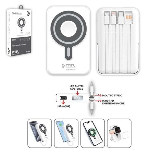 MT4450 10.000 MAH MAGSAFE DAHİLİ KABLOLU 37.5 W PD ŞARJ POWERBANK /60 - BEYAZ
