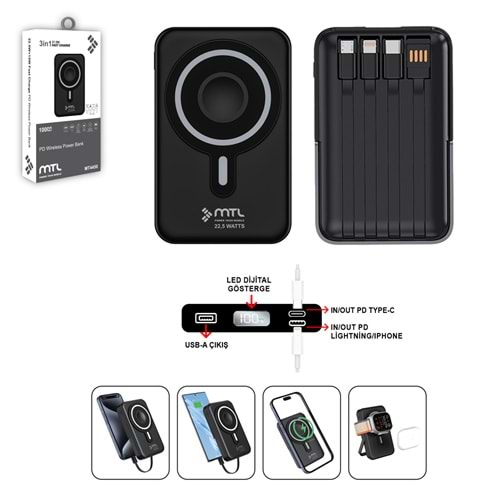 MT4450 10.000 MAH MAGSAFE DAHİLİ KABLOLU 37.5 W PD ŞARJ POWERBANK /60 - SİYAH