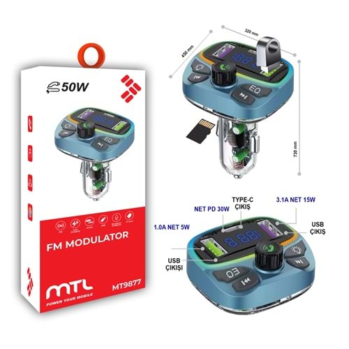 MT9877 50 WATT PD ŞARJLI BLUETOOTH FM MODÜLATÖR