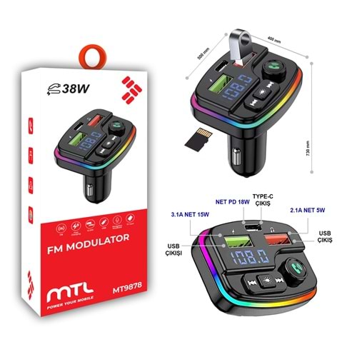 MT9878 38 WATT PD ŞARJLI BLUETOOTH FM MODÜLATÖR