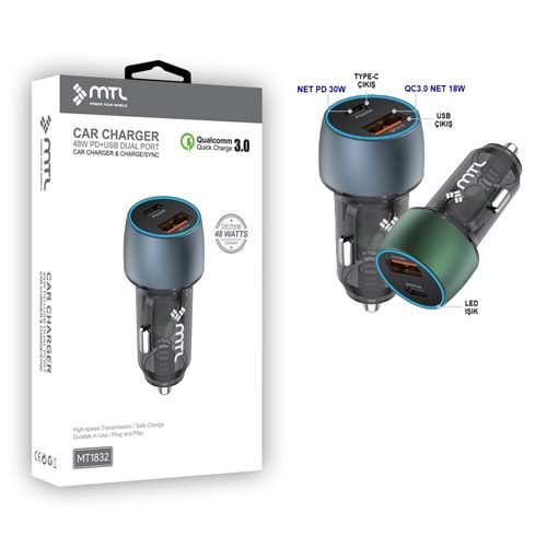 MT1832 48W QC 4.0 PD TYPE C PORT + USB PORT ÇİFT GİRİŞ ARAÇ ŞARJ ADAPTÖR /100