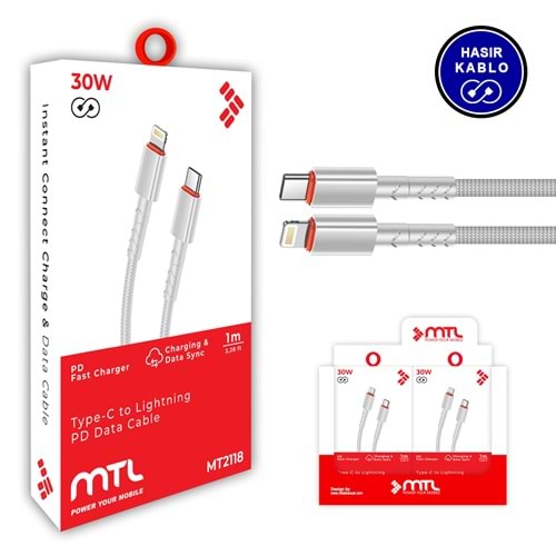 MT2118 30W LİGHTNİNG TO TYPE-C PD ŞARJ DATA KABLO 10/200 - BEYAZ