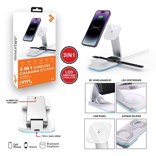 S16 MASA ÜSTÜ 3İN1 15 WATT WİRELESS ŞARJ STANDI /10/50