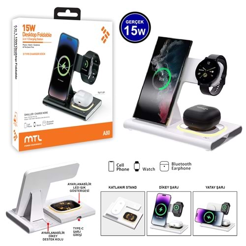 MTL A80 MASA ÜSTÜ 4İN1 15 WATT WİRELESS ŞARJ STANDI /10/50