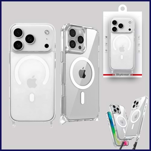 IPHONE 15 PRO MAX MAGSAFE UYUMLU ÖZEL BOYUN İPİ APARATLI ŞEFFAF SKY-103 TELEFON KILIF