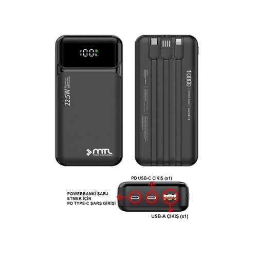 MT4311 10.000 MAH DAHİLİ KABLOLU 22,5 WATT TURBO ŞARJ POWERBANK - SİYAH