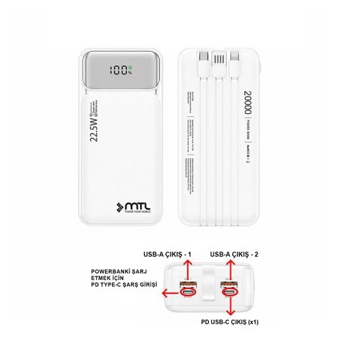 MT4321 20.000 MAH DAHİLİ KABLOLU 22,5 WATT TURBO ŞARJ POWERBANK - BEYAZ