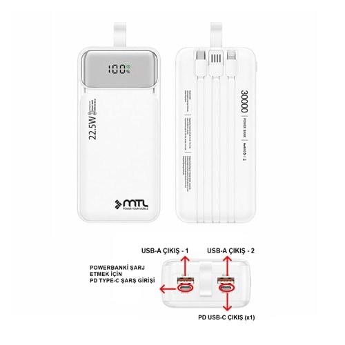 MT4331 30.000 MAH DAHİLİ KABLOLU 22,5 WATT TURBO ŞARJ POWERBANK - BEYAZ