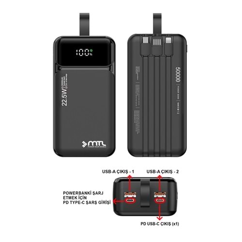 MT4351 50.000 MAH DAHİLİ KABLOLU 22,5 WATT TURBO ŞARJ POWERBANK - SİYAH