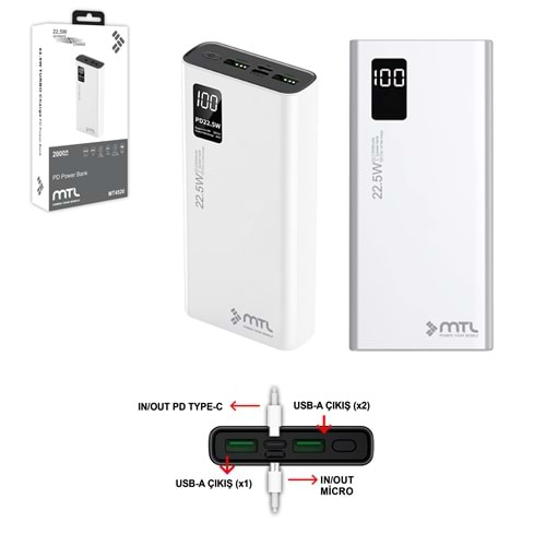 MT4520 20.000 MAH 22.5 WATT TURBO ŞARJ POWERBANK 10/40 - BEYAZ