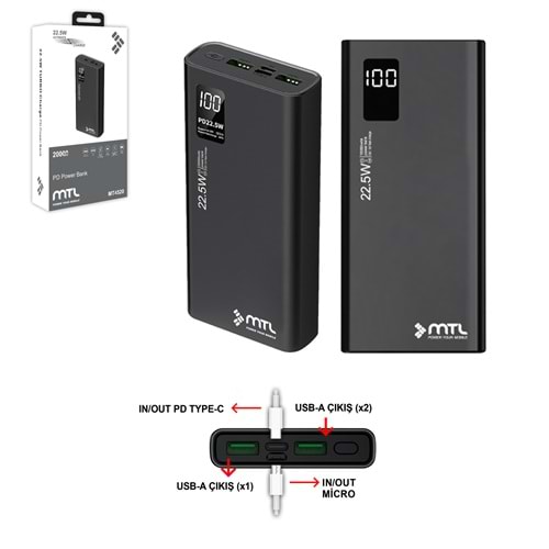 MT4520 20.000 MAH 22.5 WATT TURBO ŞARJ POWERBANK 10/40 - SİYAH