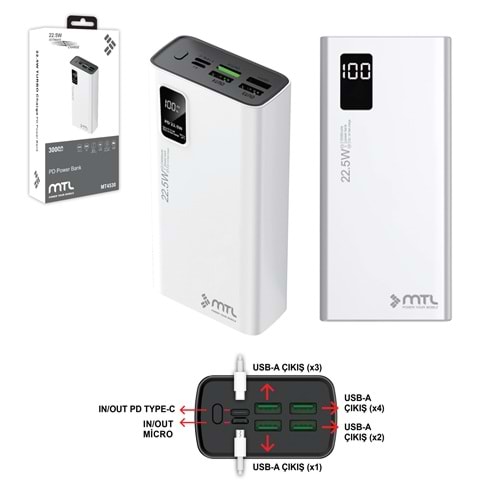 MT4530 30.000 MAH 22.5 WATT TURBO ŞARJ POWERBANK /30 - BEYAZ