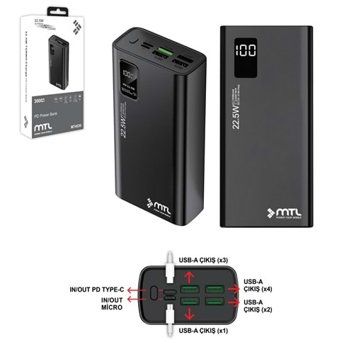MT4530 30.000 MAH 22.5 WATT TURBO ŞARJ POWERBANK /30 - SİYAH