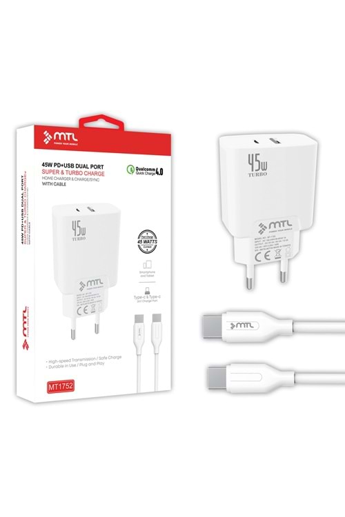 MT1752 45W QC 4.0 SÜPER TURBO PD TYPE-C PORT+USB PORT (ÇİFT ÇIKIŞ) TYPE-C TYPE-C EV ŞARJ CİHAZI/10/200