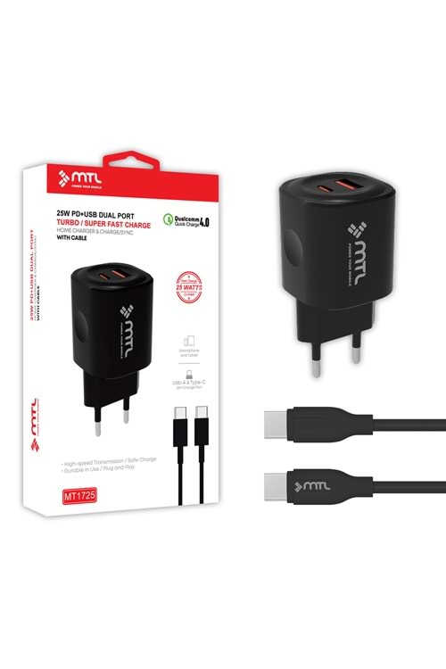 MT1725 25W QC 4.0 SÜPER TURBO TYPE-C PORT+USB PORT (ÇİFT ÇIKIŞ) TYPE-C TYPE-C EV ŞARJ CİHAZI /10/150